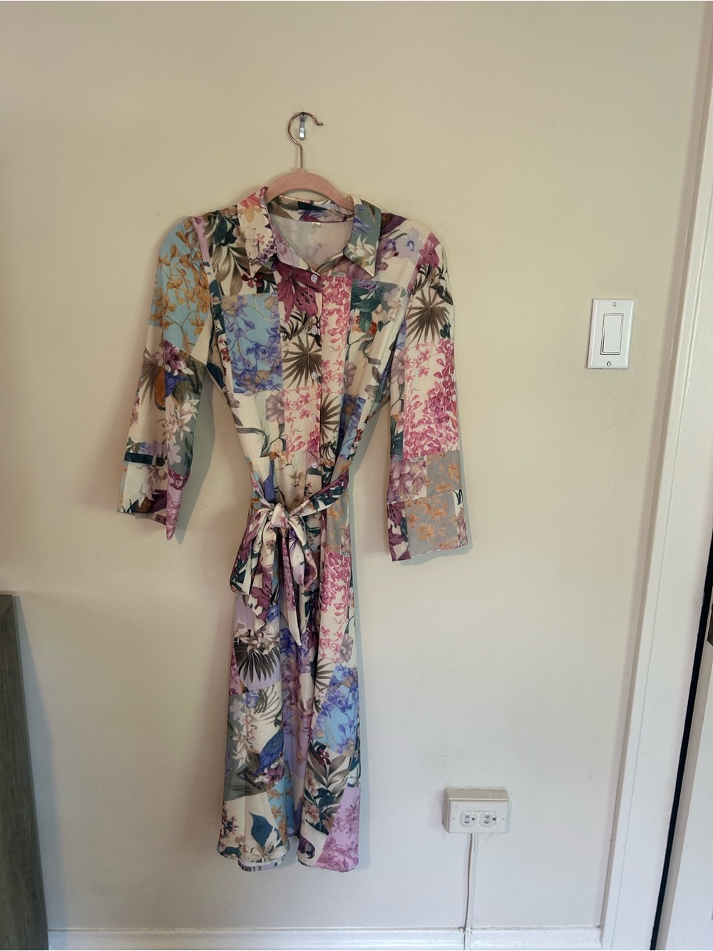 SHEIN Floral Patchwork Shirt Dress in Cream, Pink & Blue